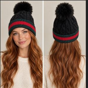 Cindy Claire FLUFFY Black With Green & Red Band & Pom-Pom Beanie